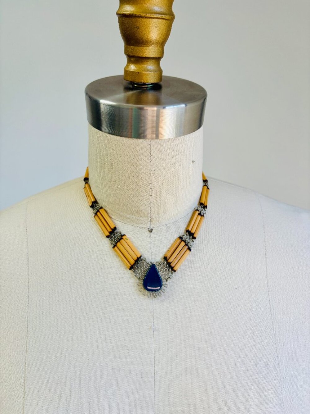 Vintage Peruvian Bib Necklace Sodalite Wood Wirework Boho Artisan Statement